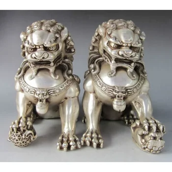 8-Дюймовое Великое Западно-Тибетское серебро Фу Фу Собака Охранник Лев Аргентина Статуя Бронзовая пара
