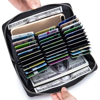 Кожаный Мужской Женский Держатель для карт, длинный кошелек на молнии, твердый кошелек для монет, дизайн в виде гармошки, RFID ID, сумки для деловых кредитных карт