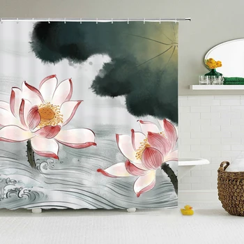 Занавеска для душа из водонепроницаемой полиэфирной ткани Китайский пейзаж Цветок Птица Ванна Домашний декор Природа Пейзаж Ванная комната 