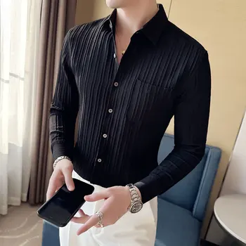 Весенние новые рубашки плиссированного дизайна мужские 2023 с длинными рукавами, модные и красивые повседневные мужские рубашки в полоску с лацканами, camisas homme