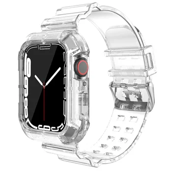Прозрачный ремешок + чехол для Apple Watch Серии 9 8 7 SE 5 4 45 мм 44 мм 42 мм 41 мм Прозрачный пластиковый ремешок для часов iwatch 3 40 мм