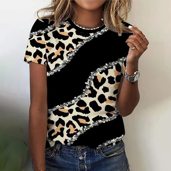 Новая женская футболка с круглым вырезом и леопардовым принтом, короткий рукав, женская одежда, уличная одежда, Хип-хоп топ, винтажный сексуальный пуловер, футболка для девочек