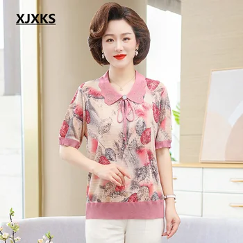 XJXKS, модные топы с короткими рукавами и отворотами, Новые летние удобные футболки из искусственного шелка, женские рубашки