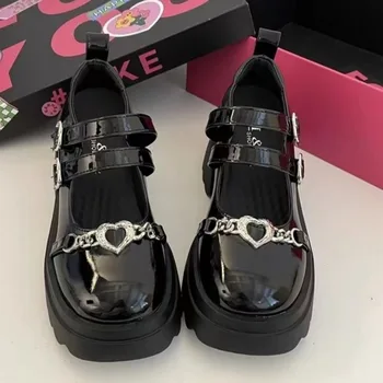 Туфли в стиле Лолиты, женские туфли-лодочки на платформе в стиле панк, металлическая цепочка, женские туфли Мэри Джейн в стиле Лолиты, японская лакированная кожа, высокие каблуки, готическая обувь