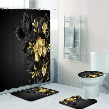 3D Роскошная Черная Золотая светящаяся занавеска для душа с цветочным рисунком розы в ванной комнате для туалета, блестящие цветочные коврики для ванной, коврики для домашнего декора