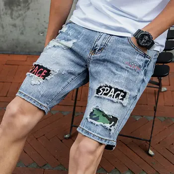 Рваные джинсовые шорты мужские трендовые летние тонкие свободные мужские брюки с вышивкой Повседневные брюки одежда