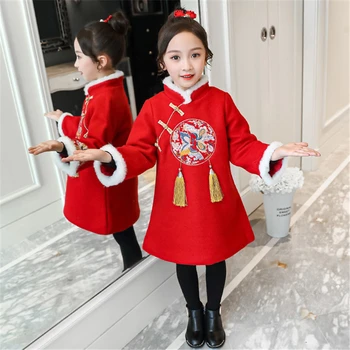 Танский костюм Hanfu winter new girl утолщающая новогодняя одежда красная милая одежда для девочек новогодняя одежда с цветочным рисунком детская одежда