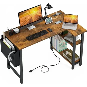 Полки для Розеток, 40-дюймовый Угловой Стол для Небольшого Домашнего Офиса, Г-Образный Компьютерный Стол, Компьютерные Столы с Зарядной Станцией