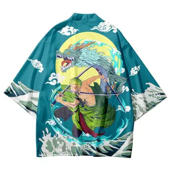 Японское кимоно с принтом дракона, зеленое Традиционное кимоно, косплей, Самурай Хаори Оби, Женский Мужской кардиган, Пляжная юката, азиатская одежда